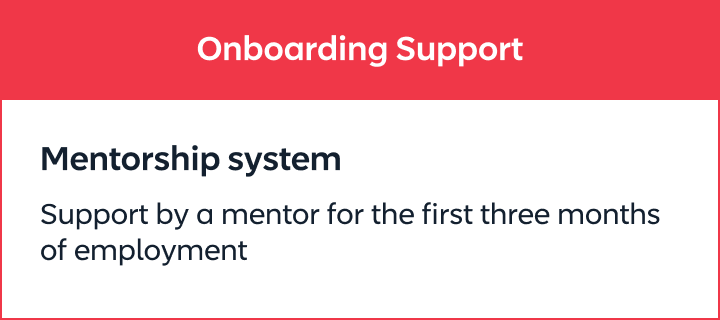 Onboarding Support Mentorship system Support by a mentor for the first three months of employment